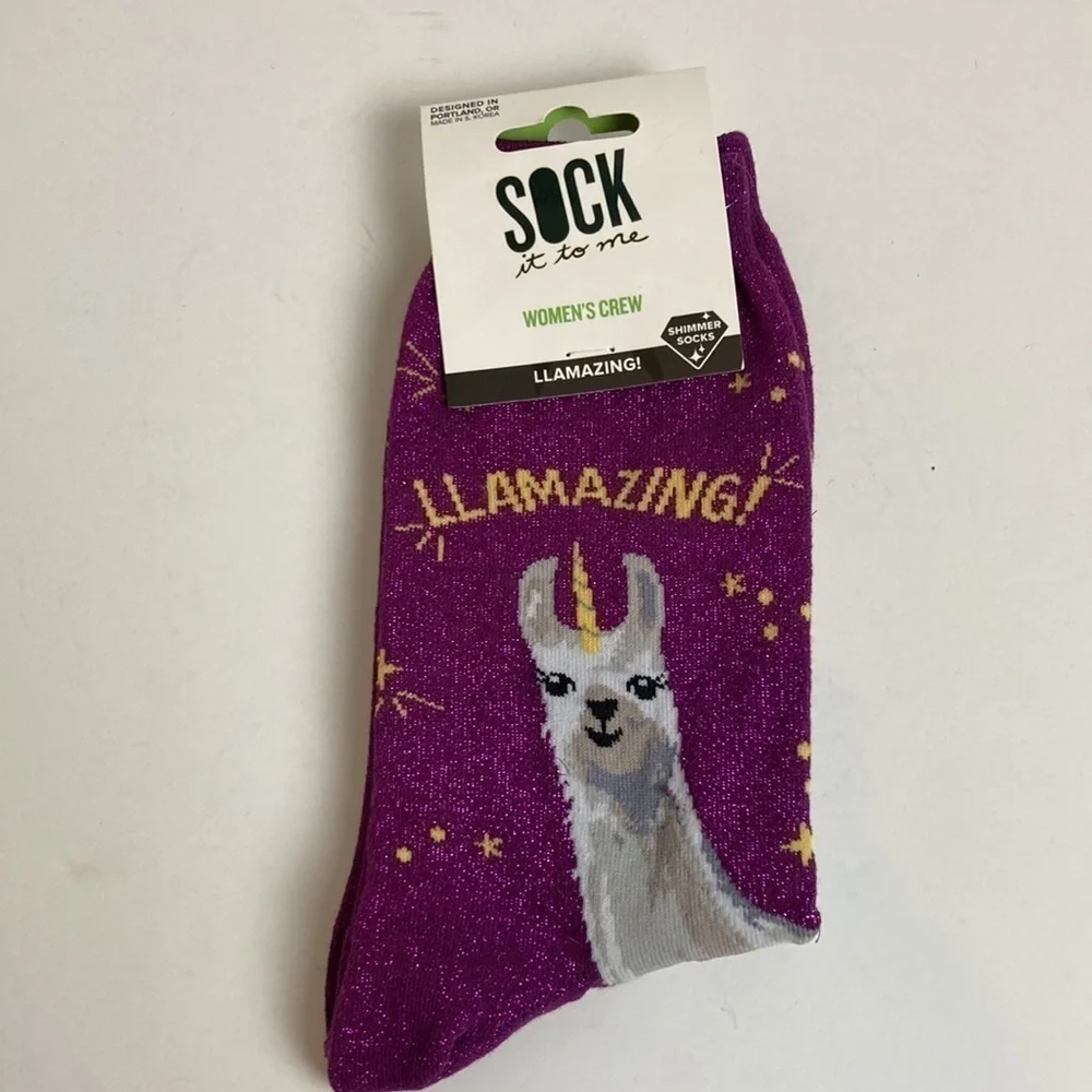 Sock It To Me NWT Llamazing! Women’s Crew Socks Llama Funny Novelty Shimmer Gift